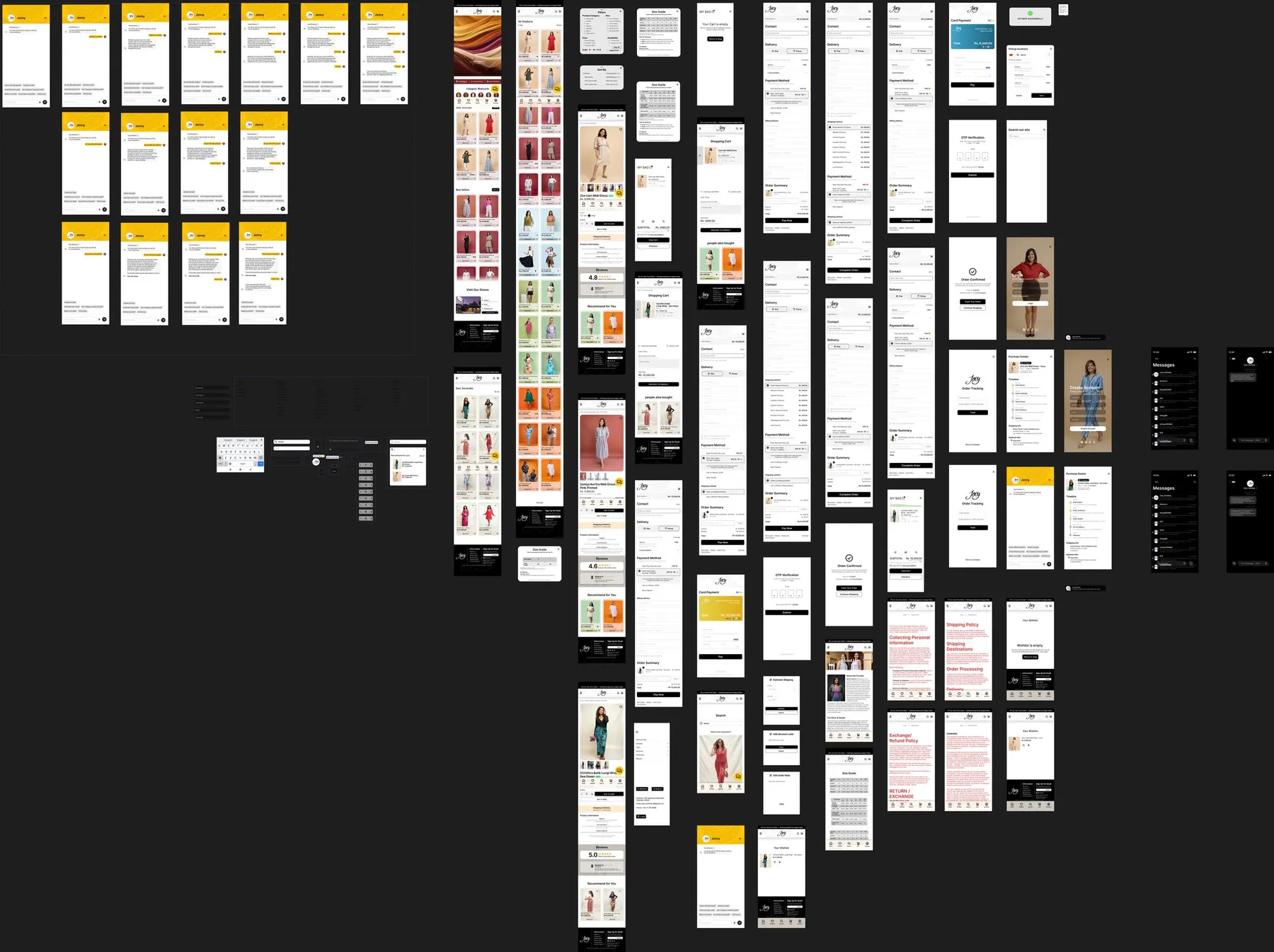 Full high fidelity Joey Clothing mobile redesign board