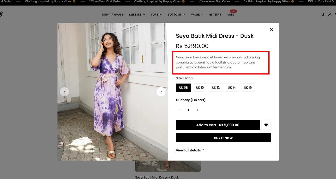 Current site product overlay with placeholder description