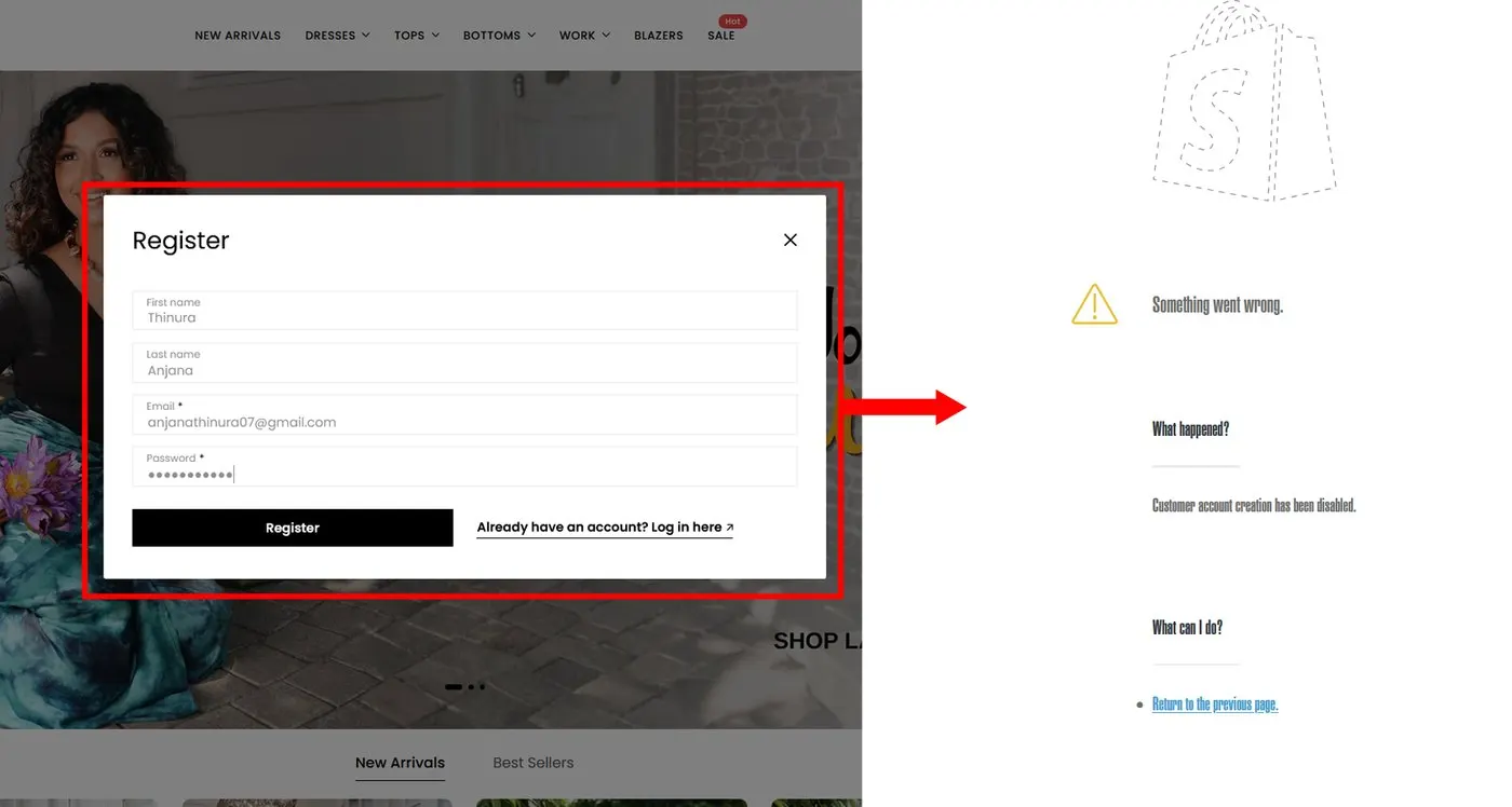 Current site registration error screen