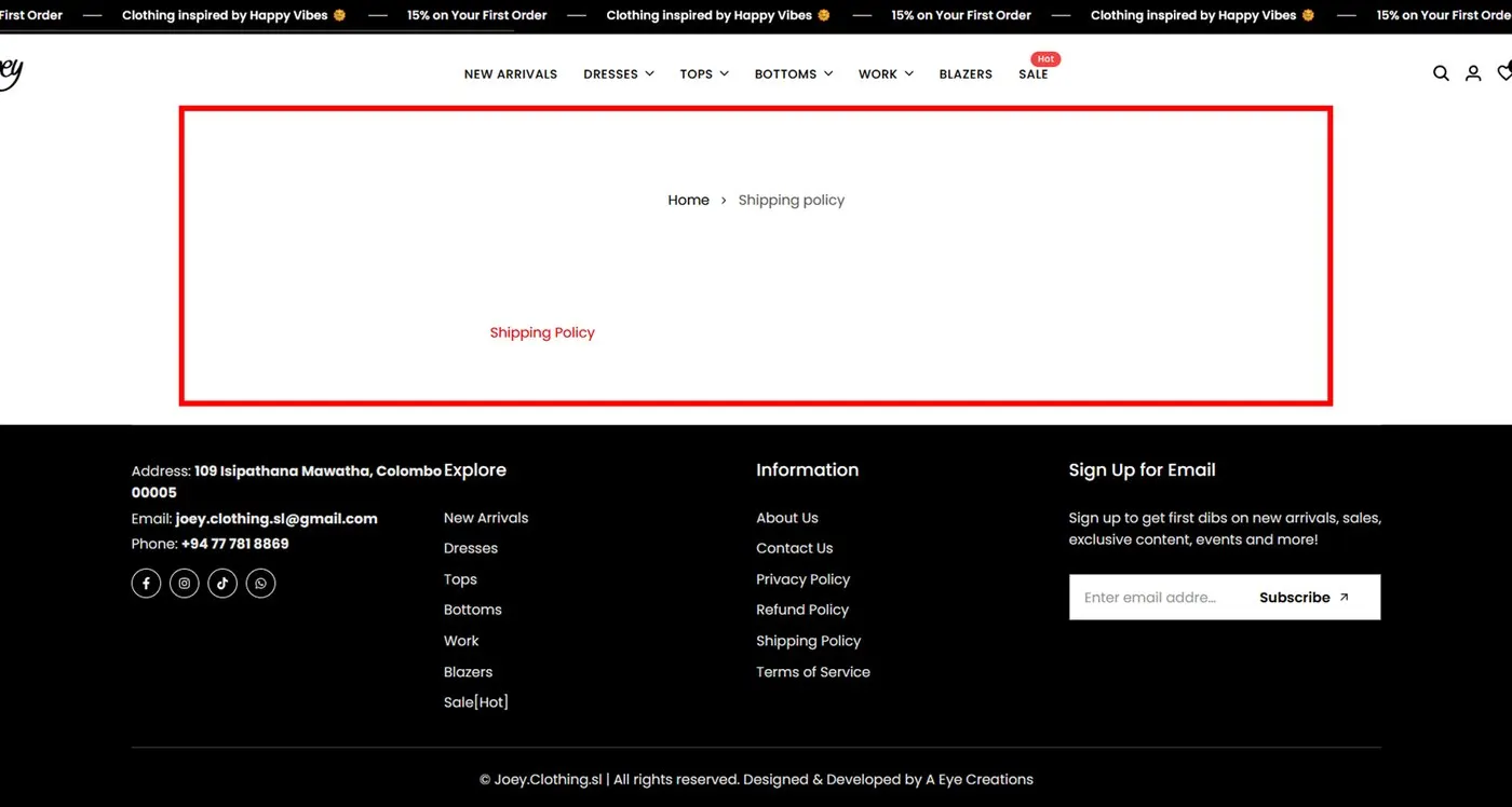 Current site shipping policy page with missing content