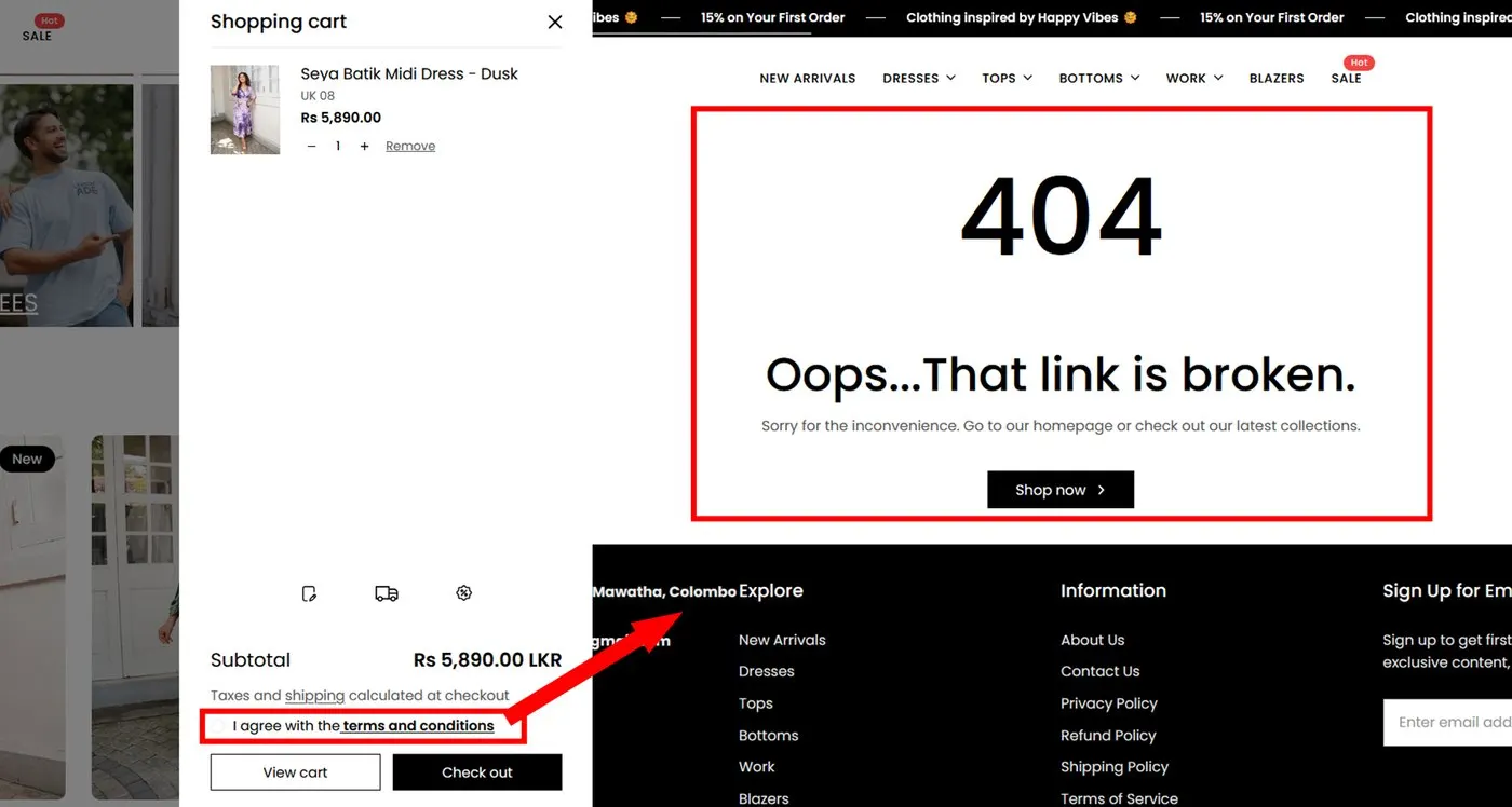 Current site terms link broken in cart flow