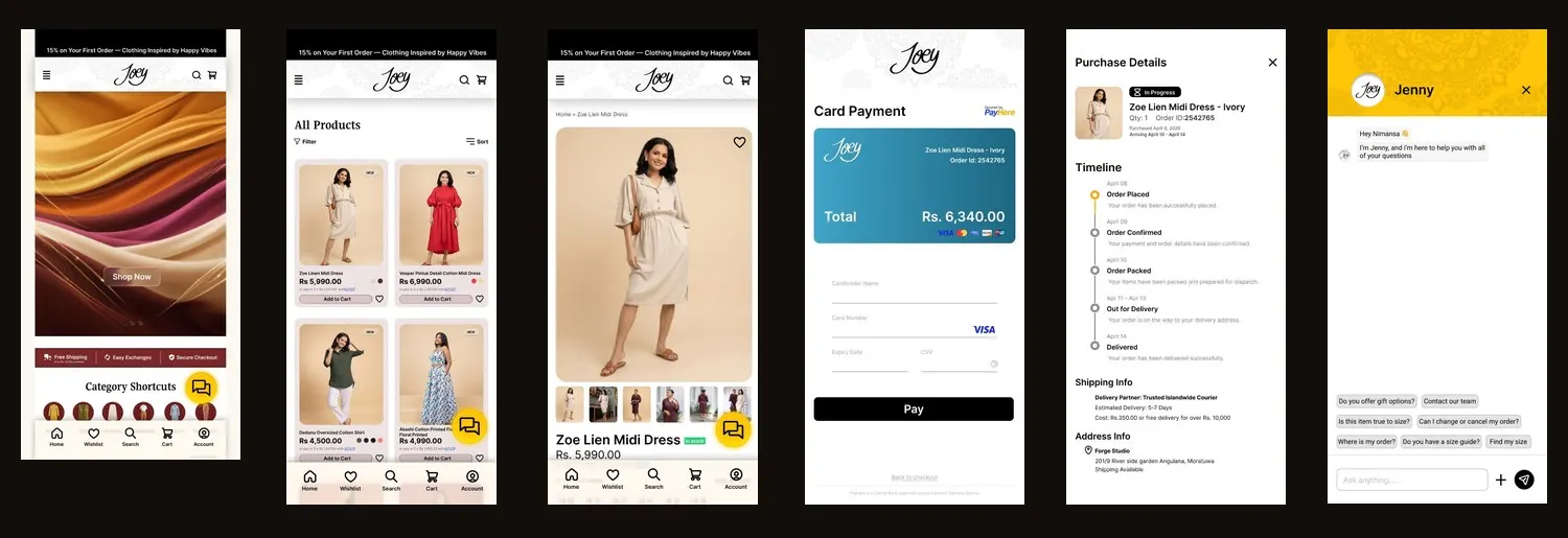 Joey Clothing mobile prototype key screen flow