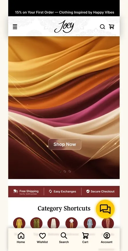 Joey Clothing redesigned mobile home screen