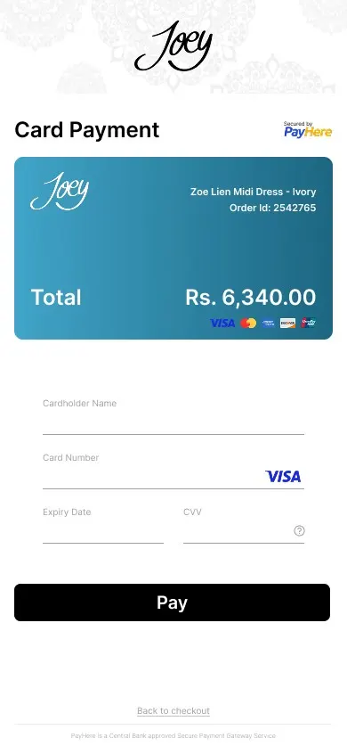 Joey Clothing card payment screen