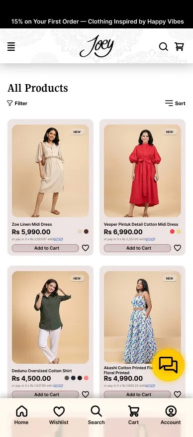 Product listing screen