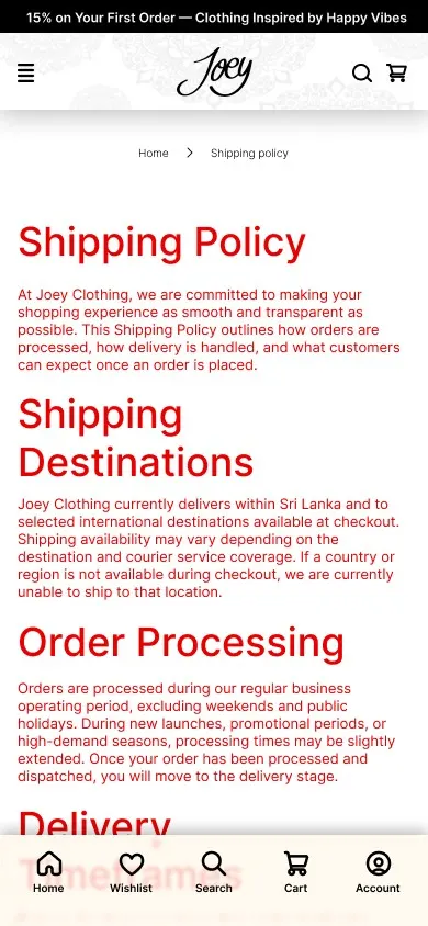 Shipping policy screen