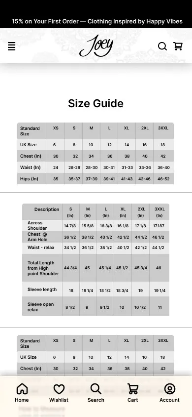 Size guide screen