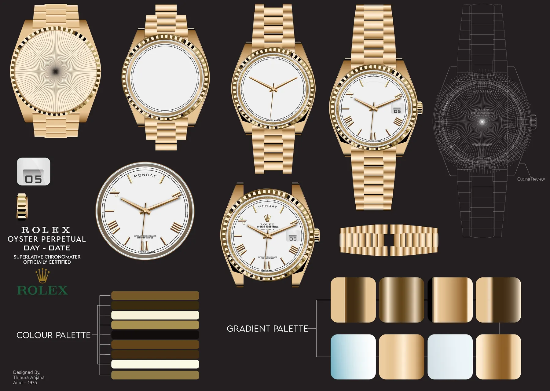 Rolex Day-Date 40 process board showing geometry, dial and bracelet builds