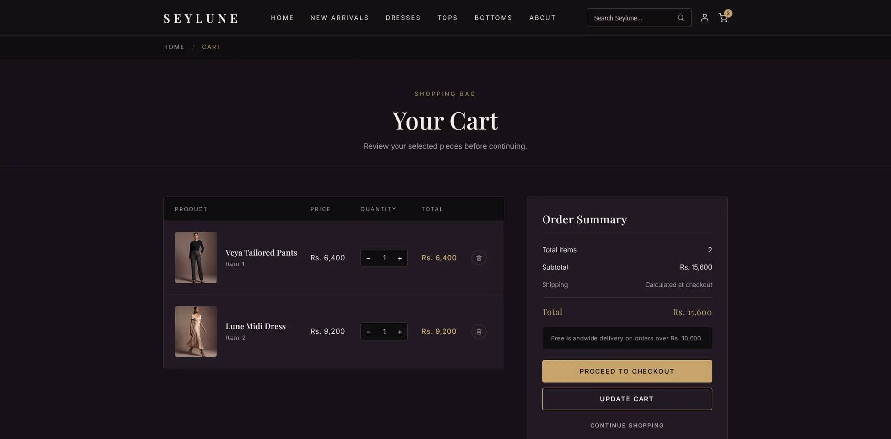 Seylune cart page screenshot